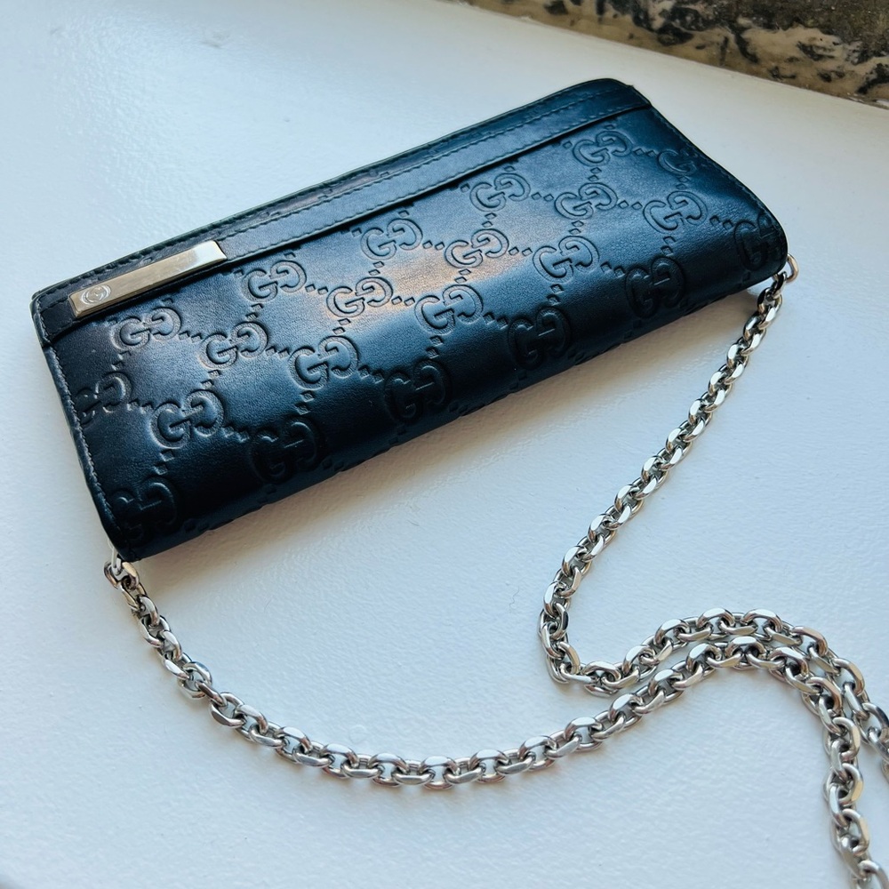 GUCCI Guccissima Continental Snappy Flap Wallet in Navy with WOC Chain